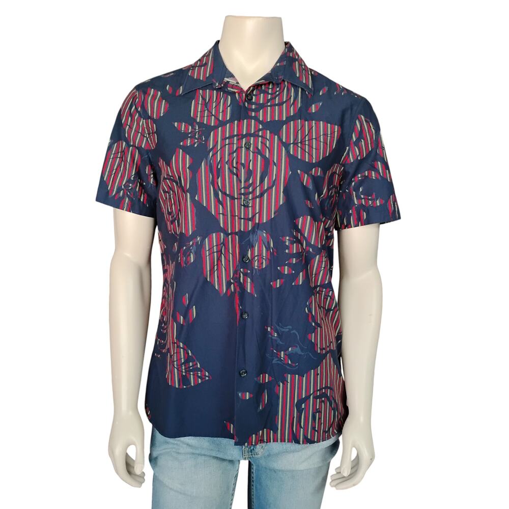 Perry Ellis Slim Fit Button Down Shirt Size Large Roses Print Blue and Red